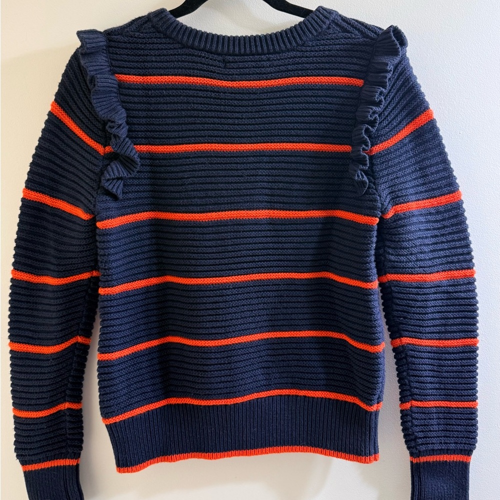Banana Republic Navy and Orange Striped Sweater with Ruffle Shoulder Size M